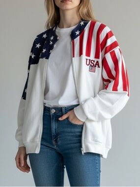 USA Flag Zip Front Women's Hoodie Sweatshirt - White/Red/Blue